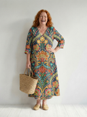 Women's Paisley Floral Print Maxi – V Neck 3/4 Sleeve A-Line Relaxed Casual Summer Dress
