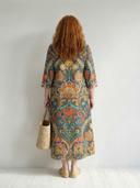 Women's Paisley Floral Print Maxi – V Neck 3/4 Sleeve A-Line Relaxed Casual Summer Dress
