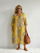 Women's Paisley Print Midi – Deep V Neck 3/4 Sleeve A-Line Relaxed Casual Summer Dress