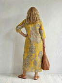 Women's Paisley Print Midi – Deep V Neck 3/4 Sleeve A-Line Relaxed Casual Summer Dress
