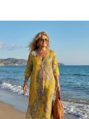 Women's Paisley Print Midi – Deep V Neck 3/4 Sleeve A-Line Relaxed Casual Summer Dress