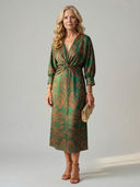 Women's Paisley Print Midi Dress – V Neck Twist Front Long Sleeve Straight Skirt