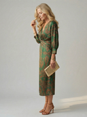 Women's Paisley Print Midi Dress – V Neck Twist Front Long Sleeve Straight Skirt
