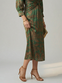 Women's Paisley Print Midi Dress – V Neck Twist Front Long Sleeve Straight Skirt