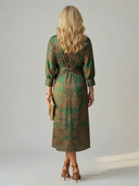 Women's Paisley Print Midi Dress – V Neck Twist Front Long Sleeve Straight Skirt