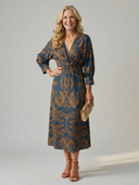 Women's Paisley Print Midi Dress – V Neck Twist Front Long Sleeve Straight Skirt