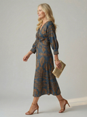 Women's Paisley Print Midi Dress – V Neck Twist Front Long Sleeve Straight Skirt