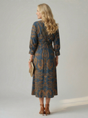 Women's Paisley Print Midi Dress – V Neck Twist Front Long Sleeve Straight Skirt