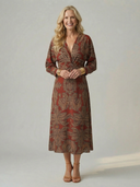 Women's Paisley Print Midi Dress – V Neck Twist Front Long Sleeve Straight Skirt