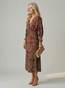 Women's Paisley Print Midi Dress – V Neck Twist Front Long Sleeve Straight Skirt