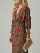 Women's Paisley Print Midi Dress – V Neck Twist Front Long Sleeve Straight Skirt
