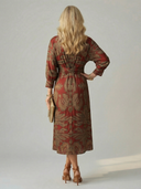 Women's Paisley Print Midi Dress – V Neck Twist Front Long Sleeve Straight Skirt