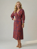 Women's Paisley Print Midi Dress – V Neck Twist Front Long Sleeve Straight Skirt