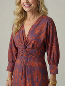 Women's Paisley Print Midi Dress – V Neck Twist Front Long Sleeve Straight Skirt