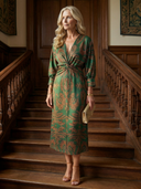 Women's Paisley Print Midi Dress – V Neck Twist Front Long Sleeve Straight Skirt