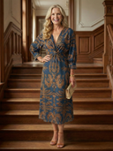 Women's Paisley Print Midi Dress – V Neck Twist Front Long Sleeve Straight Skirt
