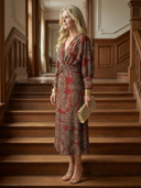 Women's Paisley Print Midi Dress – V Neck Twist Front Long Sleeve Straight Skirt