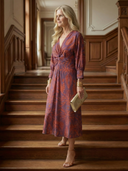 Women's Paisley Print Midi Dress – V Neck Twist Front Long Sleeve Straight Skirt