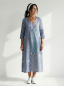 Women's Patchwork Dot Stripe Print Maxi – Split V Neck 3/4 Sleeve Relaxed Casual Dress