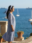 Women's Patchwork Dot Stripe Print Maxi – Split V Neck 3/4 Sleeve Relaxed Casual Dress