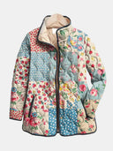 Women's Patchwork Floral Polka Dot Quilted Jacket – Stand Collar Snap Front Spring Coat