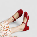 Women's Patent Ankle Strap Mary Jane Heels – Square Toe Mid Block Heel Pump