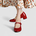 Women's Patent Ankle Strap Mary Jane Heels – Square Toe Mid Block Heel Pump