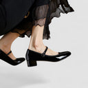Women's Patent Ankle Strap Mary Jane Heels – Square Toe Mid Block Heel Pump