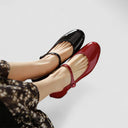 Women's Patent Ankle Strap Mary Jane Heels – Square Toe Mid Block Heel Pump