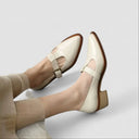 Women's Patent T-Bar Mary Jane Heels – Pin Buckle Pointed Toe Wood Block Heel