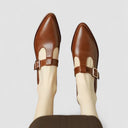 Women's Patent T-Bar Mary Jane Heels – Pin Buckle Pointed Toe Wood Block Heel