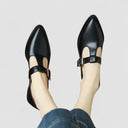 Women's Patent T-Bar Mary Jane Heels – Pin Buckle Pointed Toe Wood Block Heel