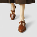 Women's Patent T-Bar Mary Jane Heels – Pin Buckle Pointed Toe Wood Block Heel
