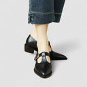 Women's Patent T-Bar Mary Jane Heels – Pin Buckle Pointed Toe Wood Block Heel