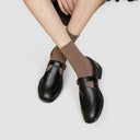 Women's Pebbled T-Bar Mary Jane Shoes – Gold Buckle Round Toe Low Block Heel
