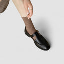 Women's Pebbled T-Bar Mary Jane Shoes – Gold Buckle Round Toe Low Block Heel