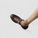 Women's Pebbled T-Bar Mary Jane Shoes – Gold Buckle Round Toe Low Block Heel