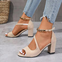 Women's Peep Toe Sandals – Napped Upper Beaded Ankle Strap Buckle High Block Heel