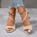 Women's Peep Toe Sandals – Napped Upper Beaded Ankle Strap Buckle High Block Heel