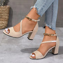 Women's Peep Toe Sandals – Napped Upper Beaded Ankle Strap Buckle High Block Heel