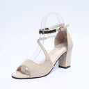 Women's Peep Toe Sandals – Napped Upper Beaded Ankle Strap Buckle High Block Heel
