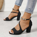 Women's Peep Toe Sandals – Napped Upper Beaded Ankle Strap Buckle High Block Heel