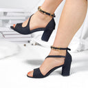 Women's Peep Toe Sandals – Napped Upper Beaded Ankle Strap Buckle High Block Heel
