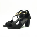 Women's Peep Toe Sandals – Napped Upper Beaded Ankle Strap Buckle High Block Heel