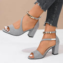 Women's Peep Toe Sandals – Napped Upper Beaded Ankle Strap Buckle High Block Heel