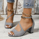 Women's Peep Toe Sandals – Napped Upper Beaded Ankle Strap Buckle High Block Heel
