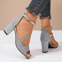 Women's Peep Toe Sandals – Napped Upper Beaded Ankle Strap Buckle High Block Heel
