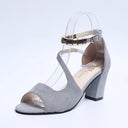 Women's Peep Toe Sandals – Napped Upper Beaded Ankle Strap Buckle High Block Heel