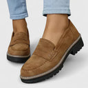 Women's Penny Loafers – Round Toe Matte Nubuck Upper Lug Sole Slip On Shoes
