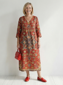 Women's Persian Carpet Print Maxi – V Neck 3/4 Sleeve Placement Motif A-Line Casual Dress